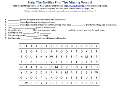 Gorillas Worksheet - Best Free Online Science Printables for Kids with ...